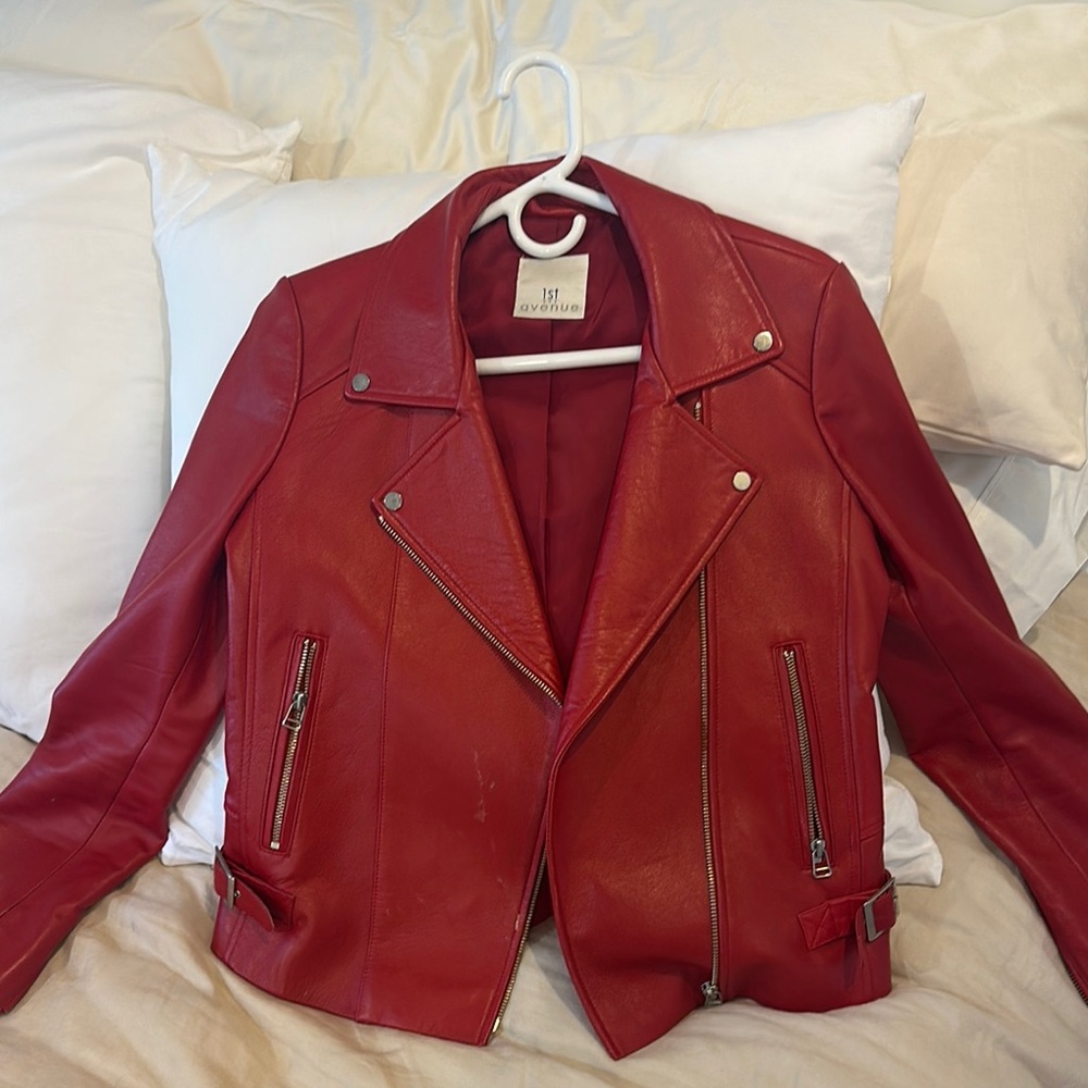 Avenue Red Leather Moto Jacket Asymmetrical Design
